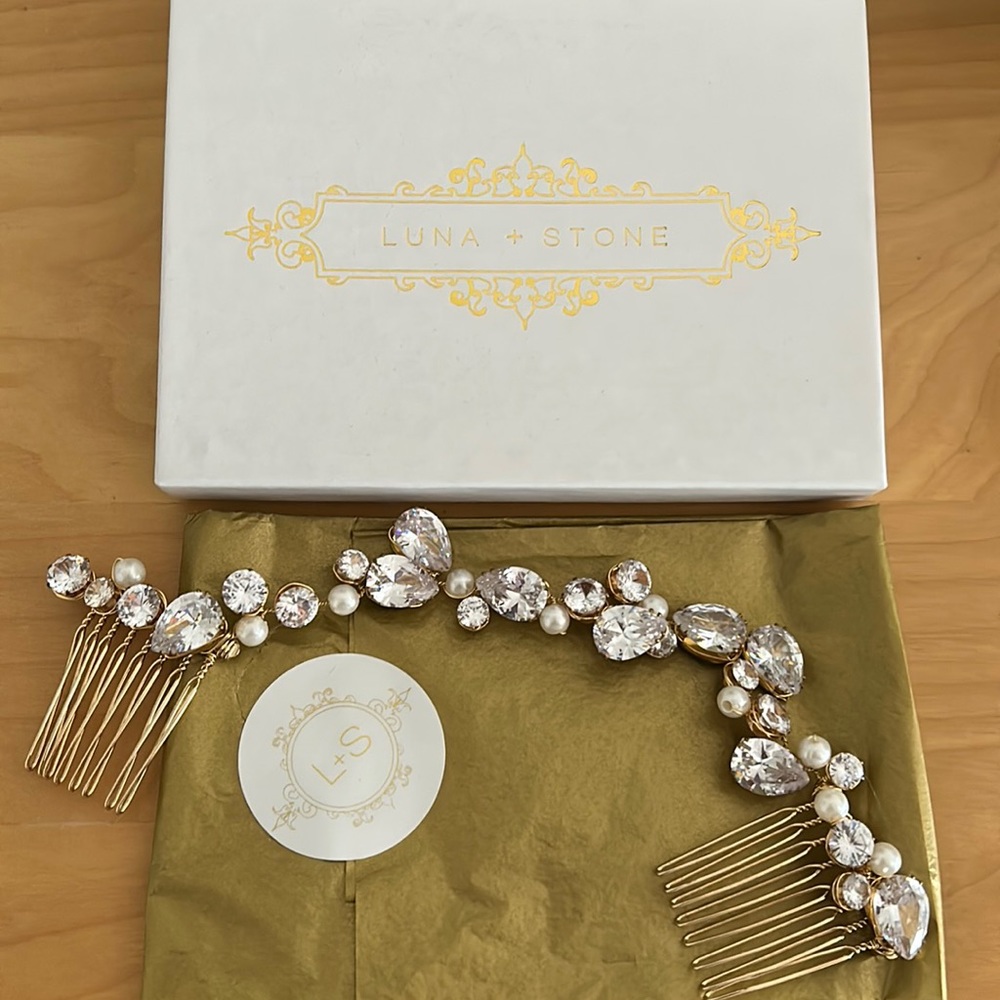 Luna + Stone bridal hairpiece (gold with pearls and crystals)